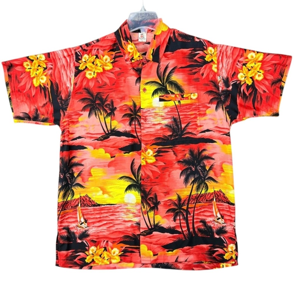 Rima Mens Caribbean Shirt Size M Hawaiian Orange Tropical Palm Tree Beach Sunset